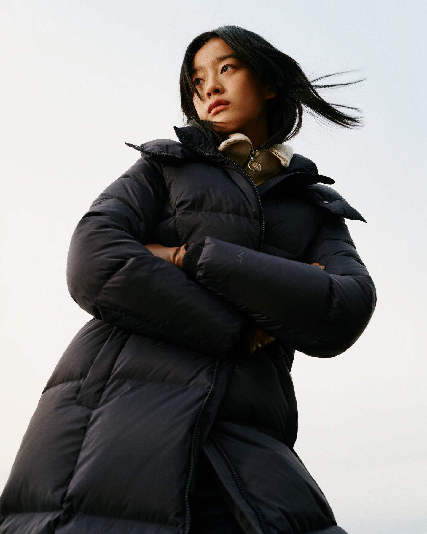 Woman wearing Full Length Down Coat in black