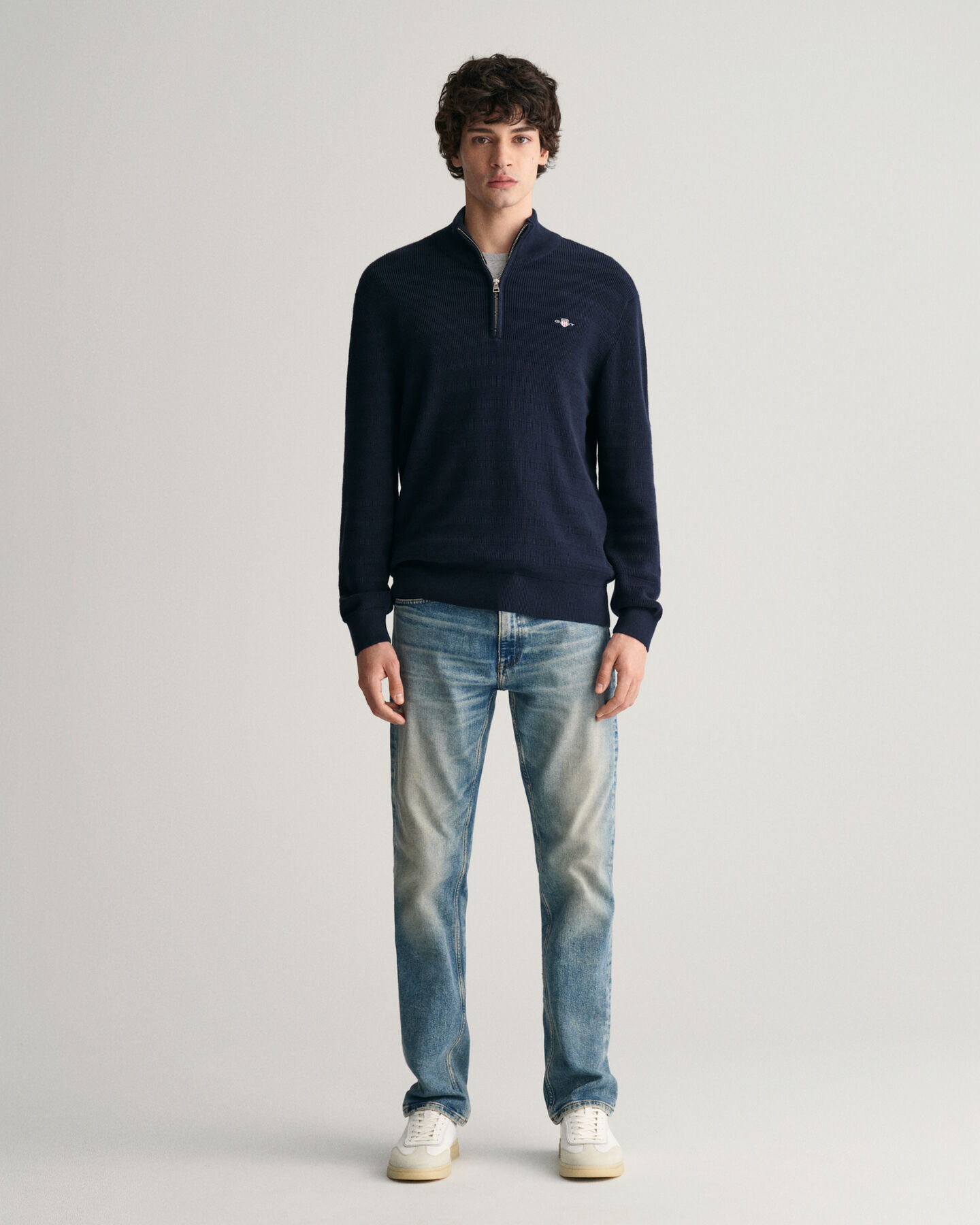 Gestreepte katoenen trui met textuur en korte rits