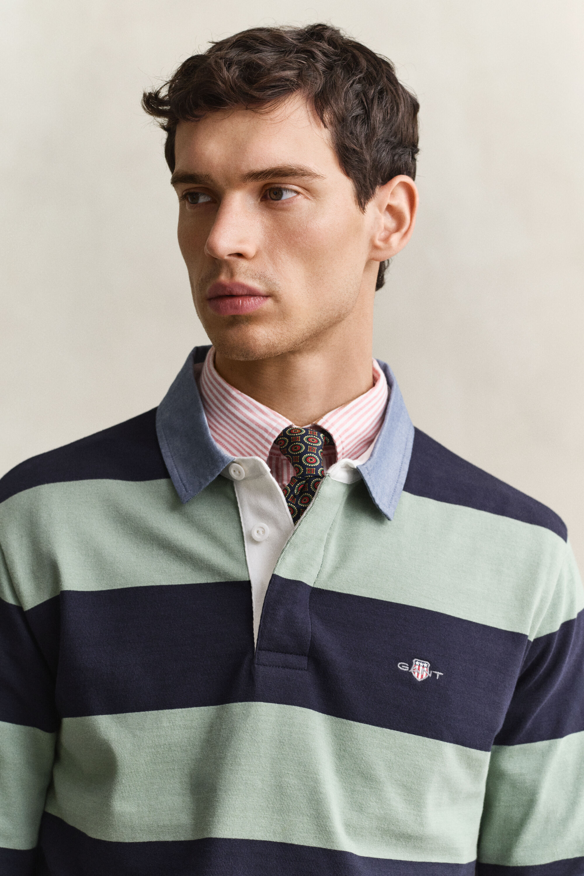 Gestreepte Heavy Rugger met chambray kraag