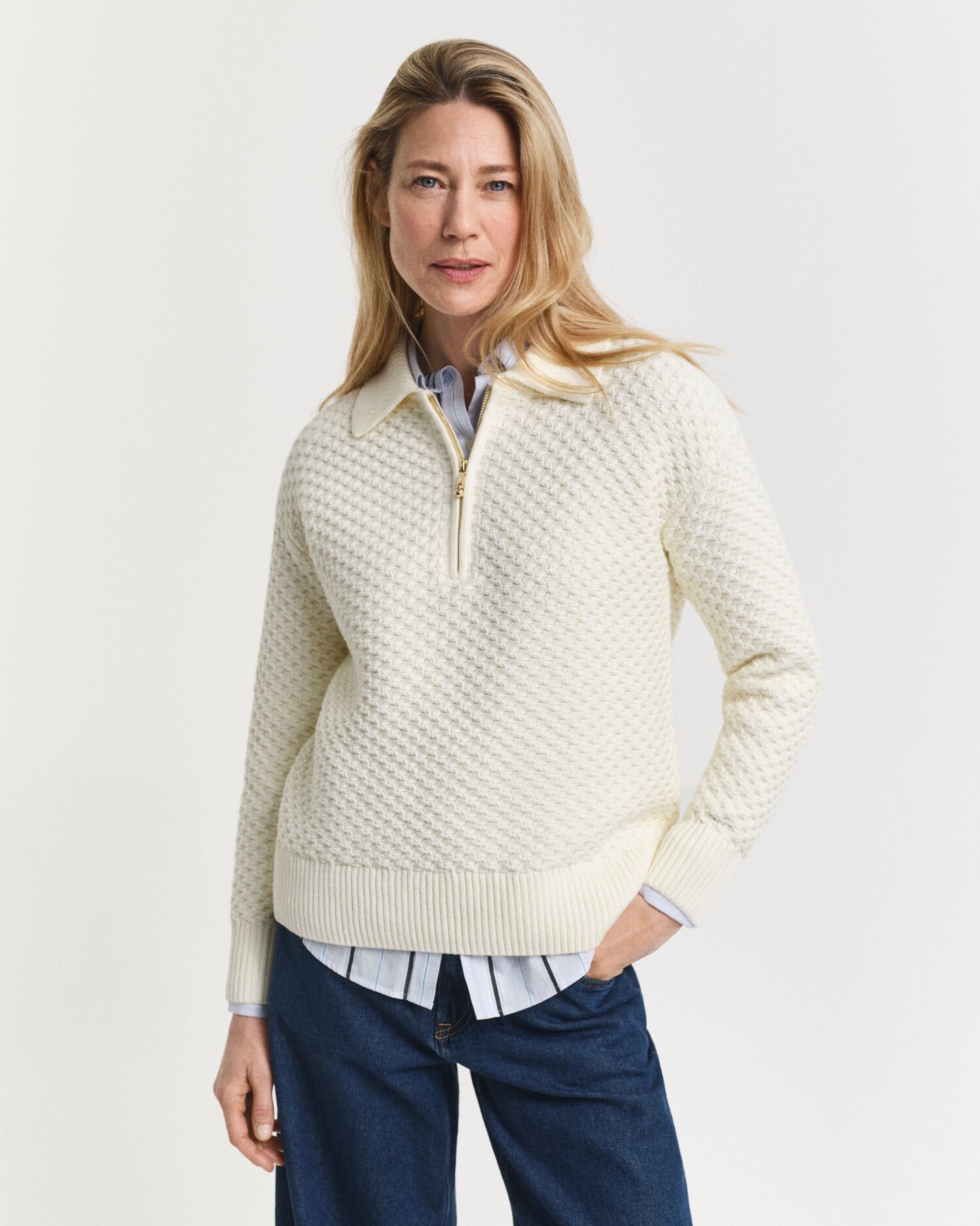 Katoenen Textured sweater met korte rits