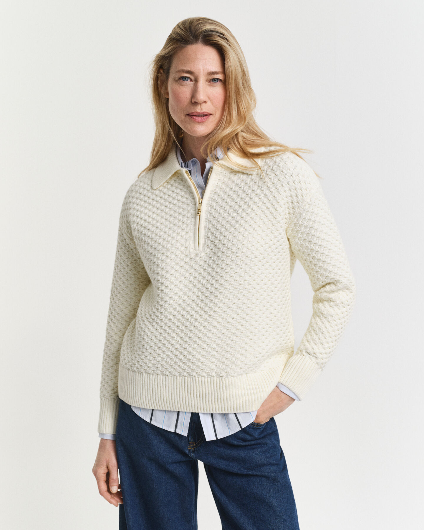 Katoenen Textured sweater met korte rits