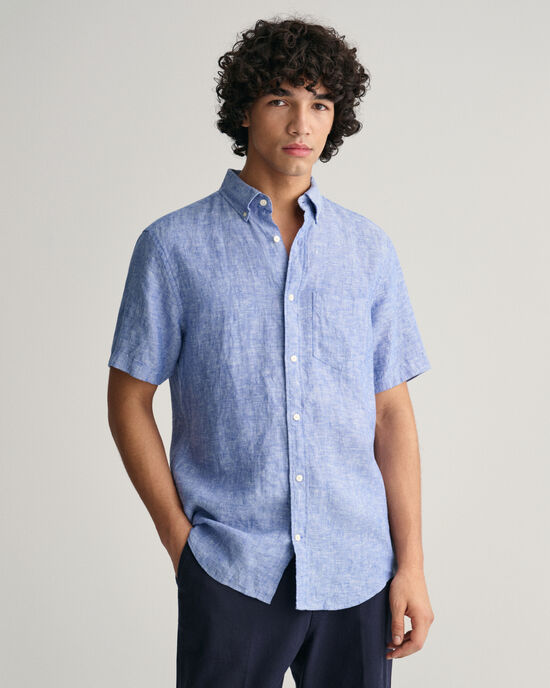 Zomerhemd voor heren, linnen, korte mouwen, zakelijk, casual, vakantie, strandhemd, katoen, omslagkraag, vrijetijdshemd voor mannen, button down shirt, blauw, S
