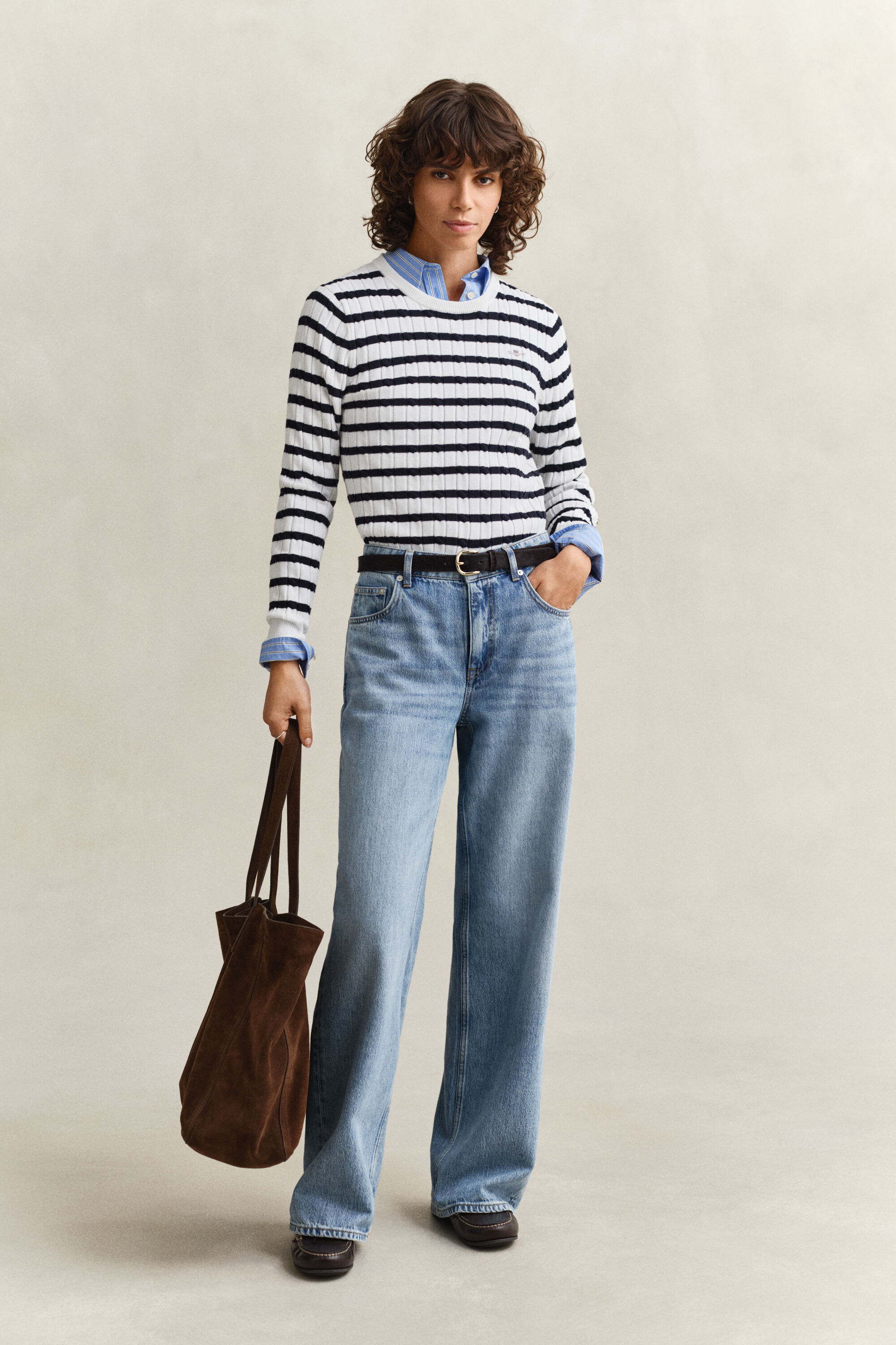 Gebreide kabeltrui met ronde hals en strepen