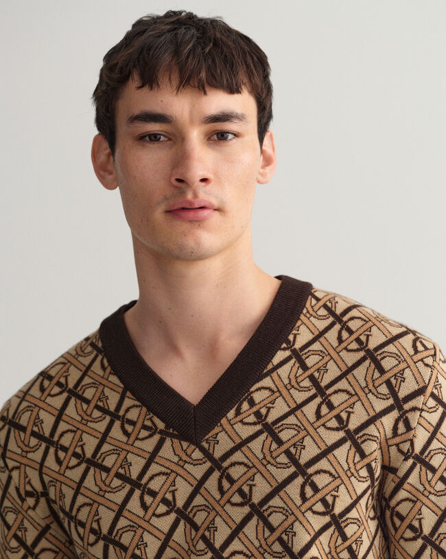 Monogram trui met V-hals van merinoswol