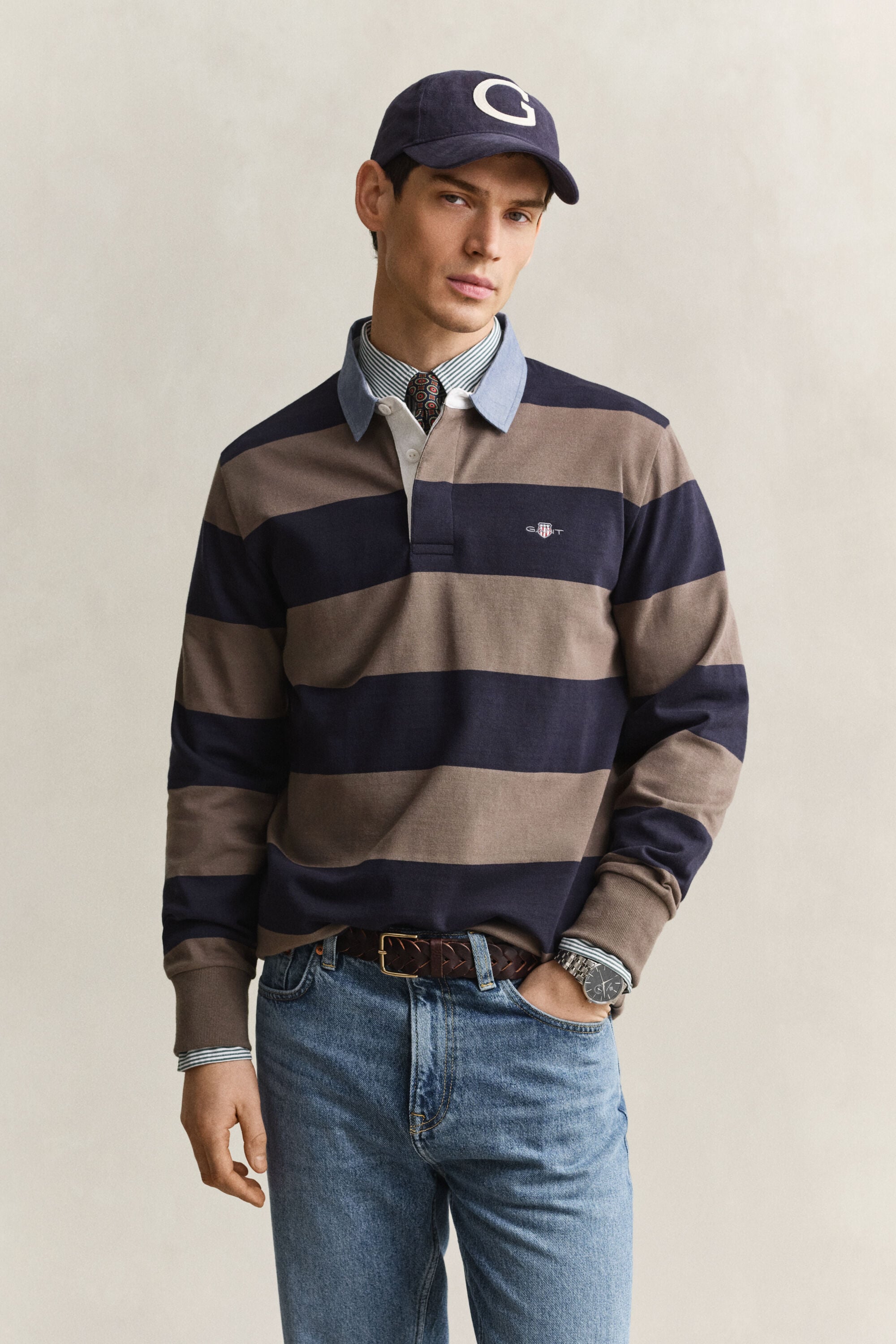 Gestreepte Heavy Rugger met chambray kraag