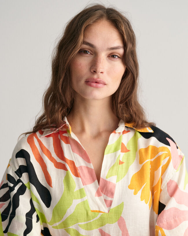 Palm Print linnen kaftan met korte mouwen