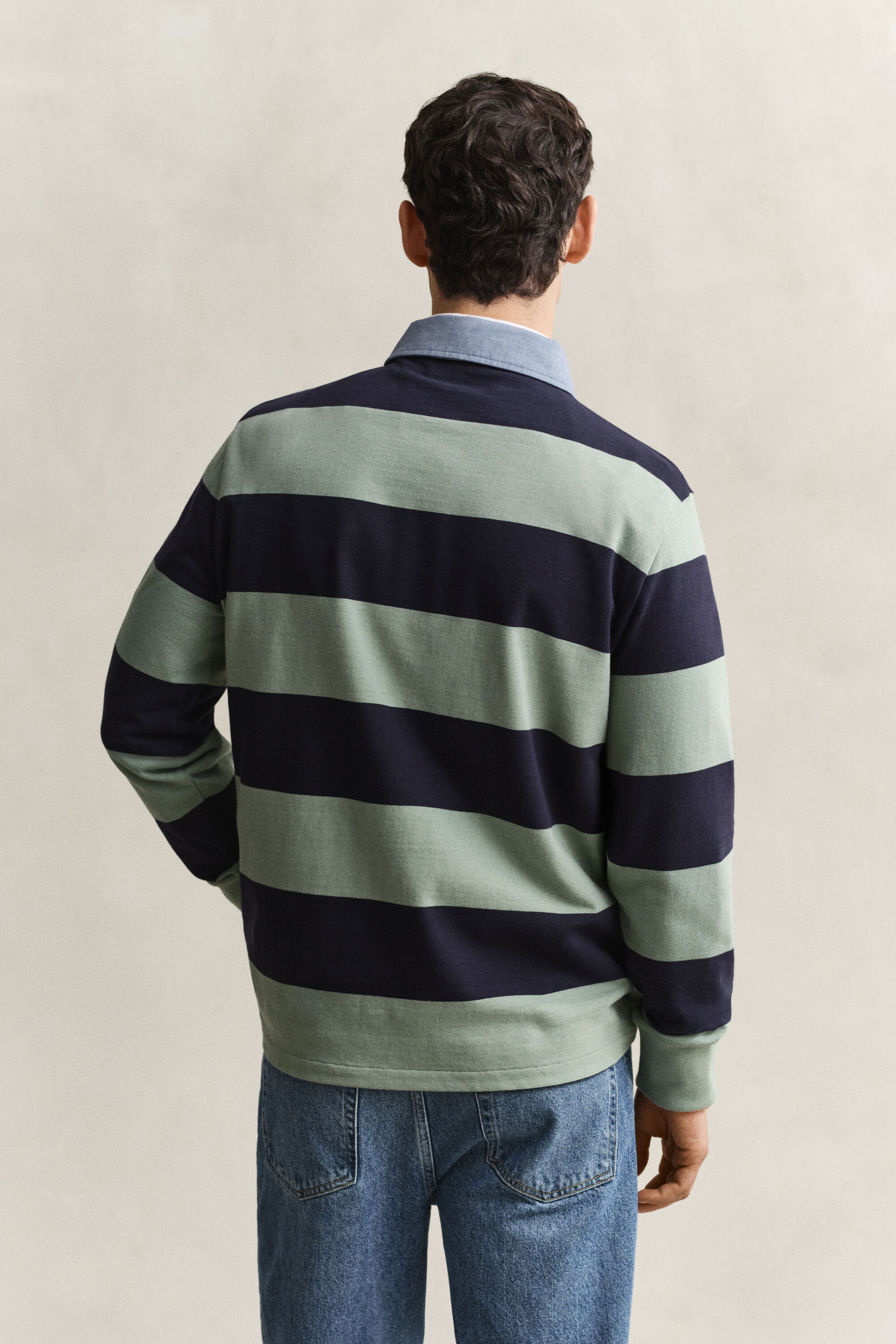 Gestreepte Heavy Rugger met chambray kraag