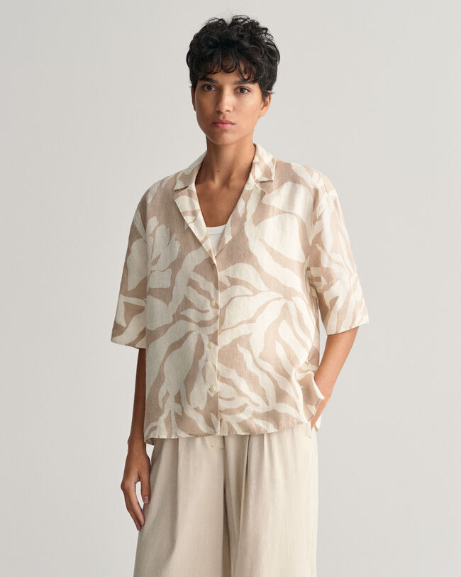Relaxed Fit Palm Print linnen blouse met korte mouwen