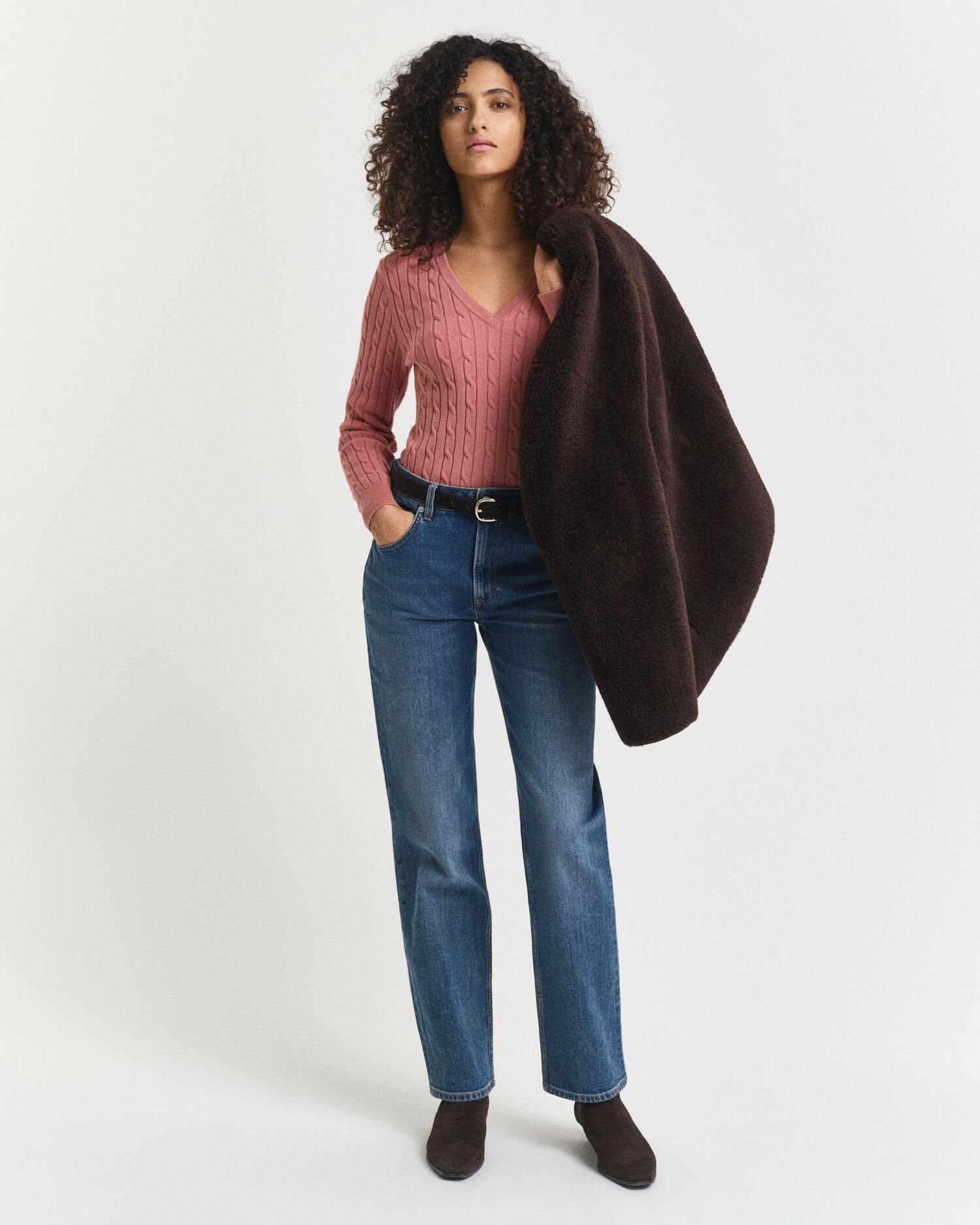 Kabelgebreide trui met V-hals