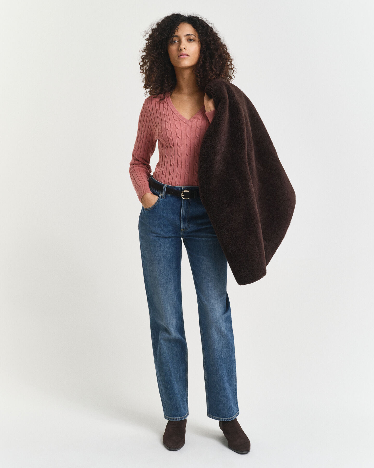 Gebreide kabeltrui met V-hals van stretchkatoen