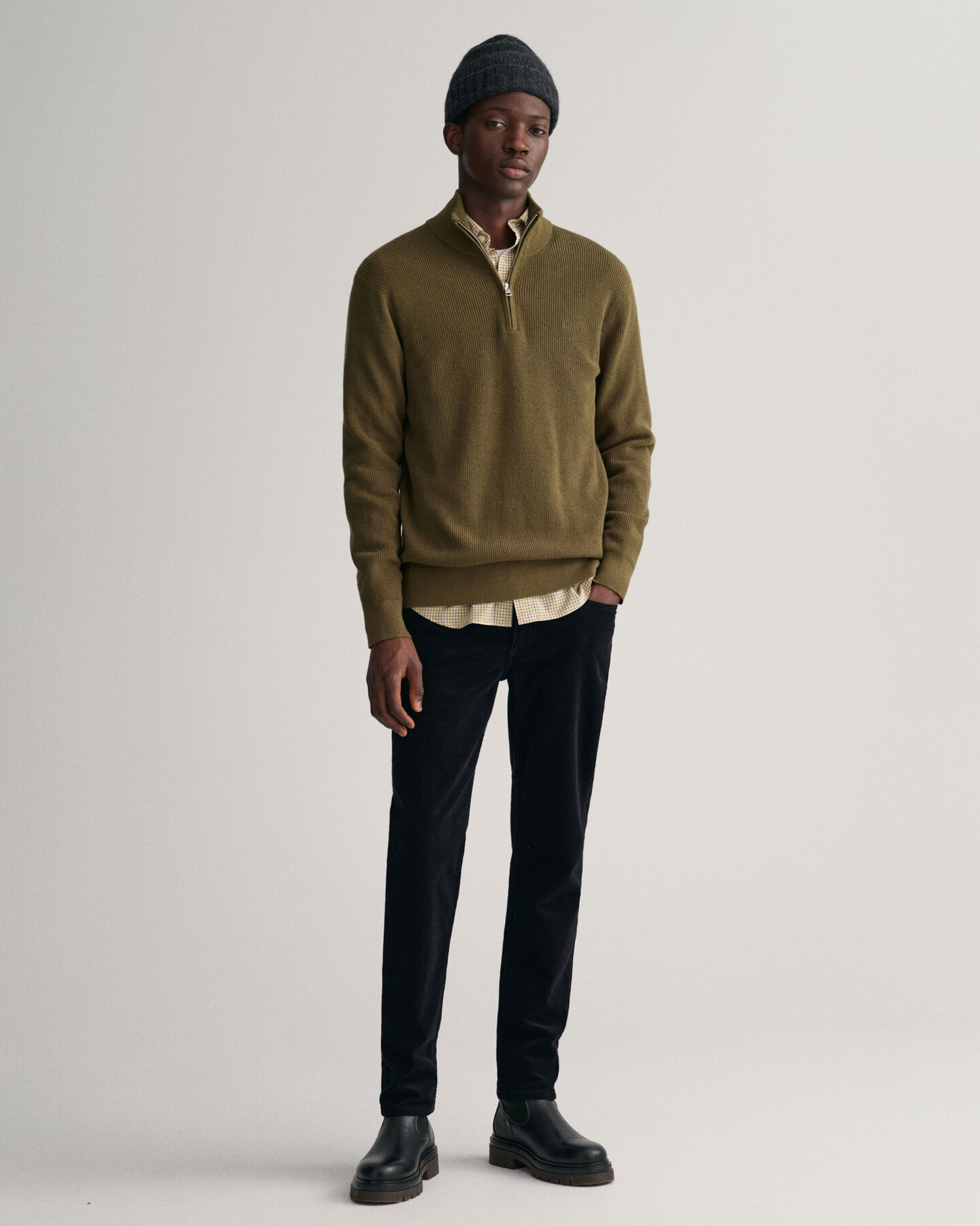 Trui met korte rits van geribde katoen-wolmix