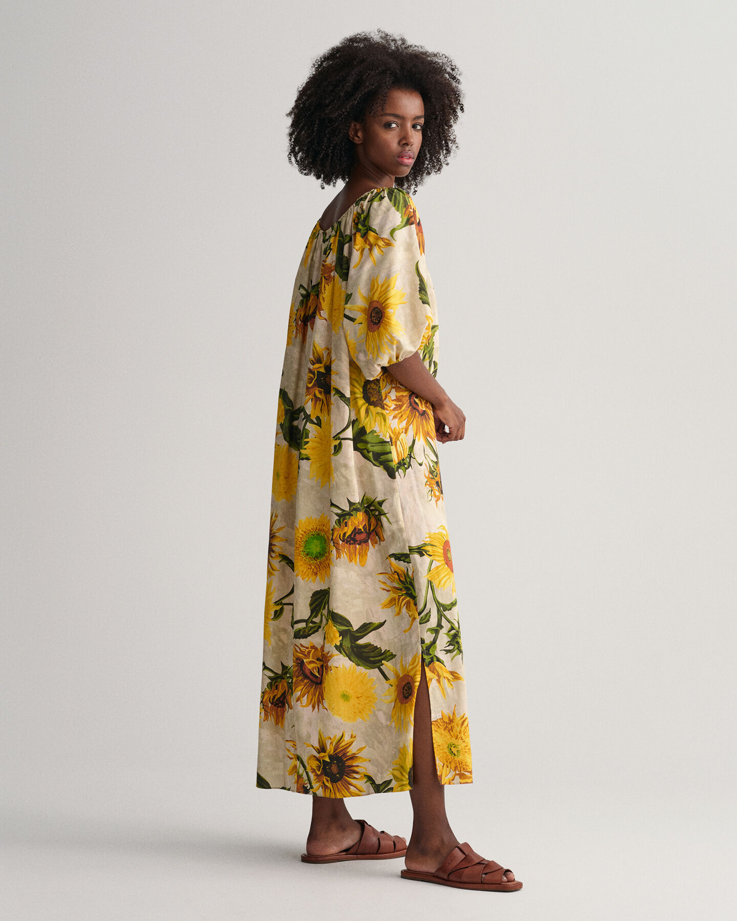 Jurk met Sunflower-print en geplooide details