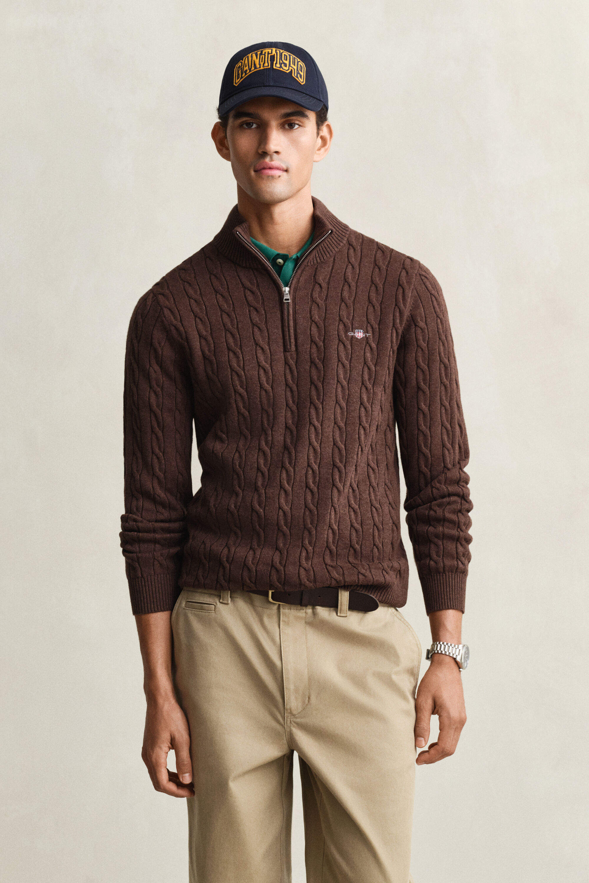 Kabelgebreide trui met korte rit van katoen