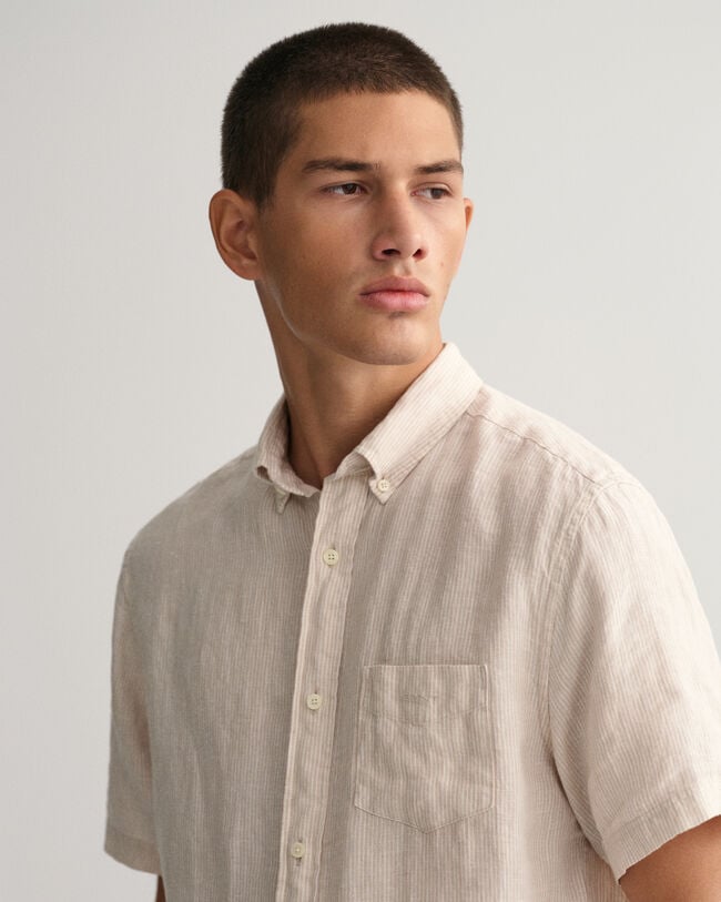 Regular Fit linnen overhemd met korte mouwen en strepen