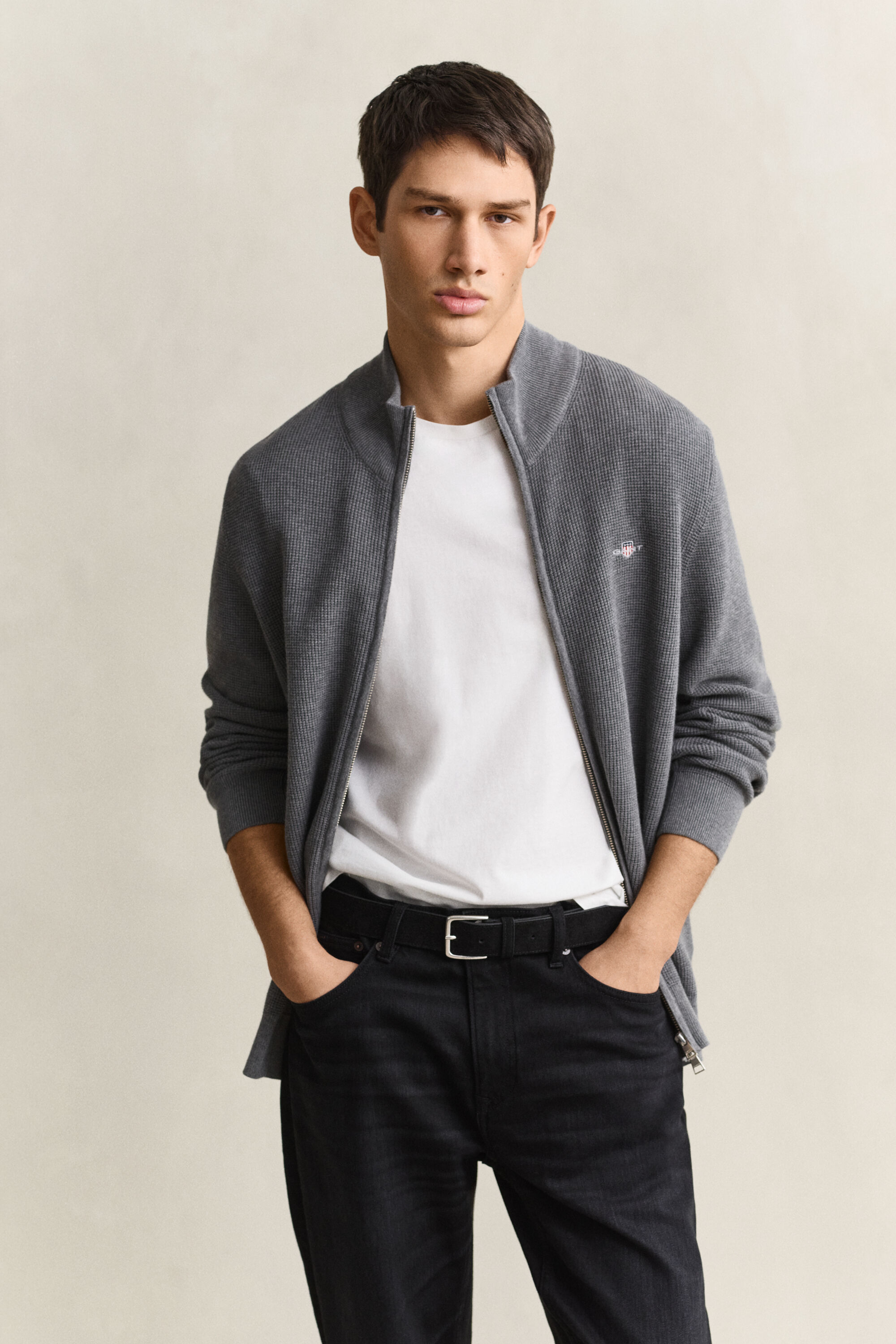 Katoenen vest met ritssluiting en textuur