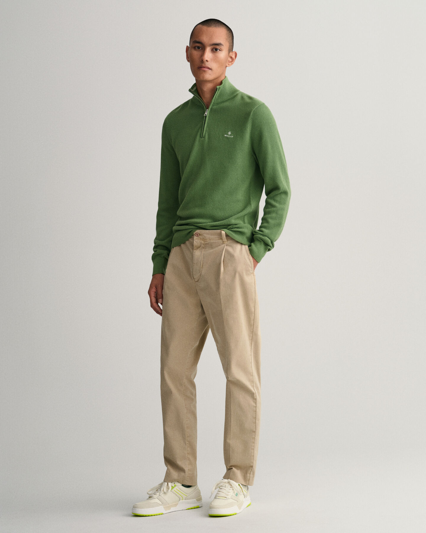 Sweater van katoenpiqu&eacute; met korte rits