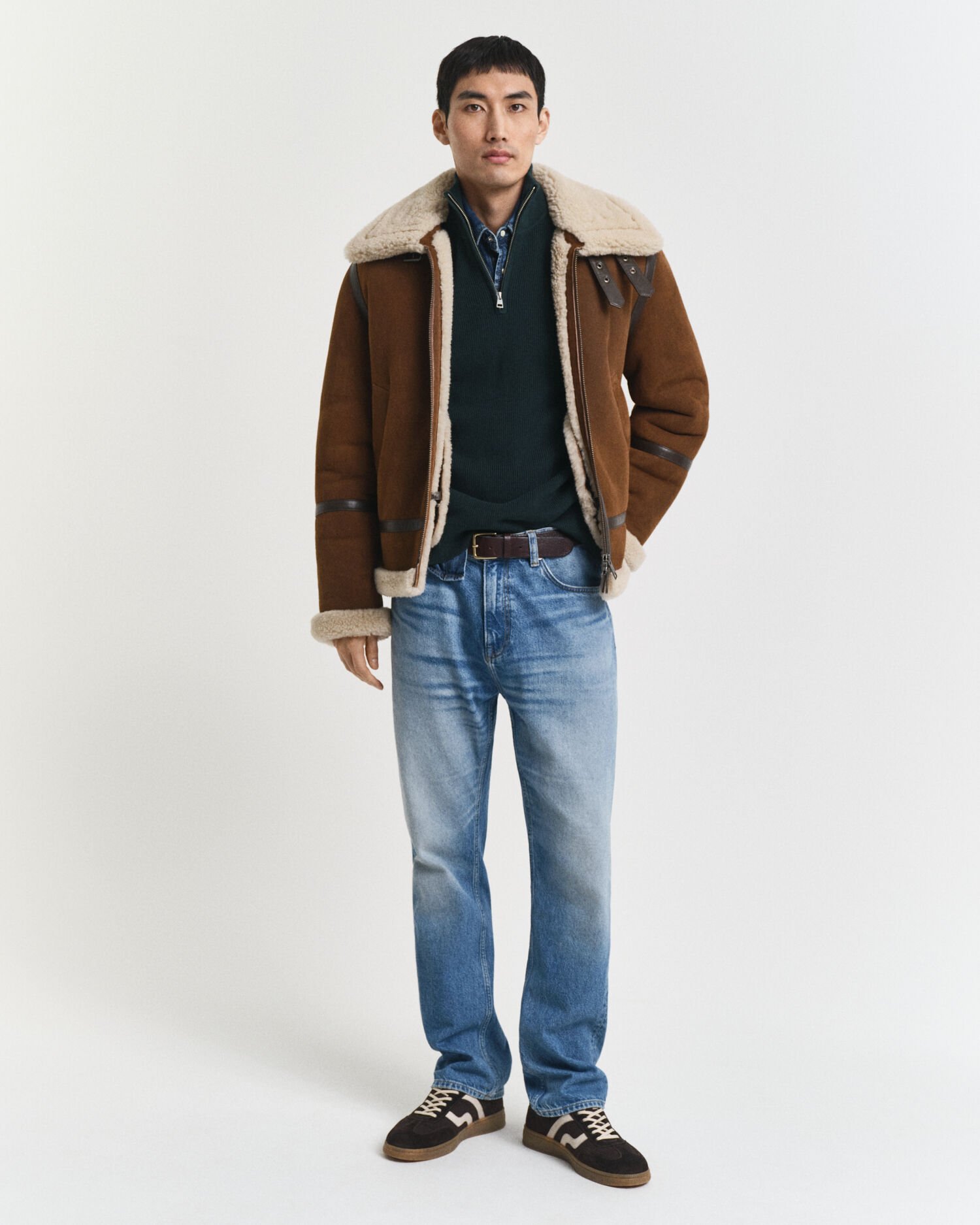 Trui met korte rits van geribde katoen-merinoswolmix