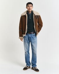 Trui met korte rits van geribde katoen-merinoswolmix