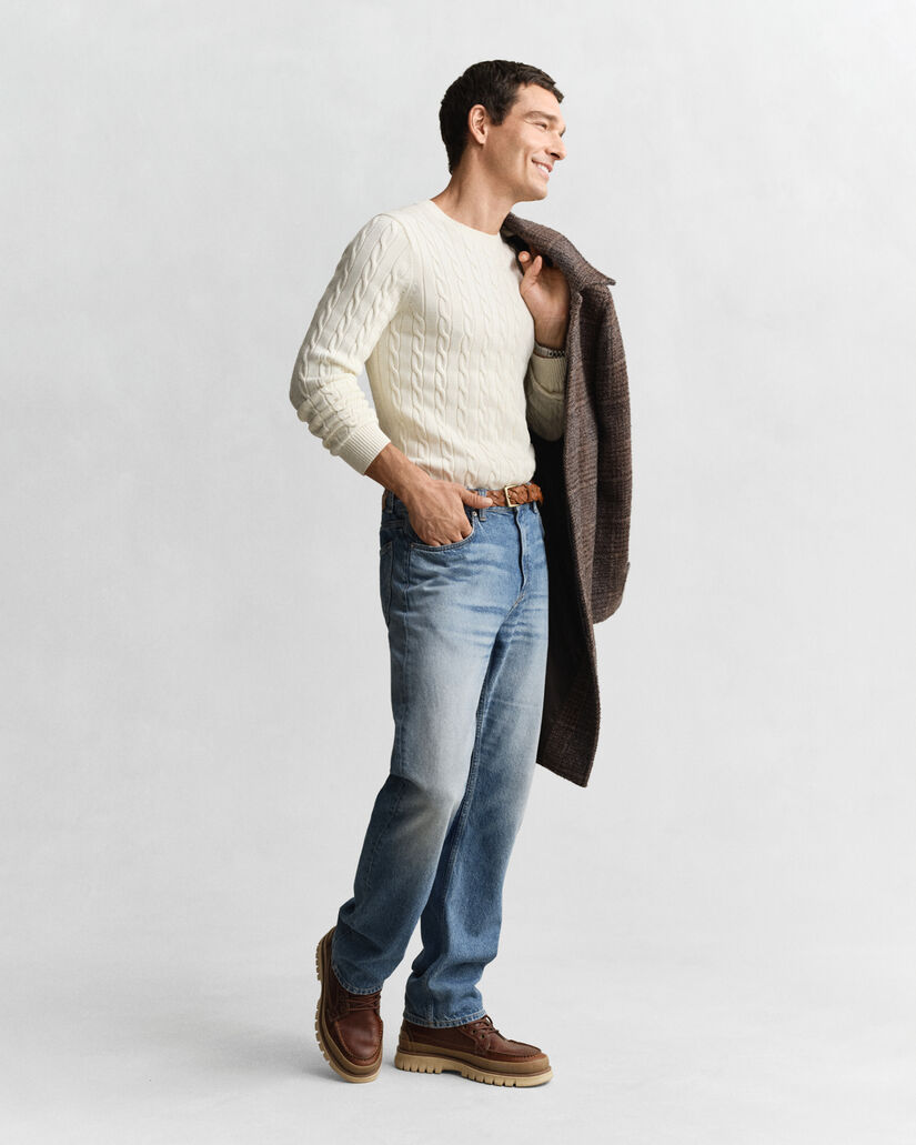 Katoenen gebreide kabeltrui met ronde hals