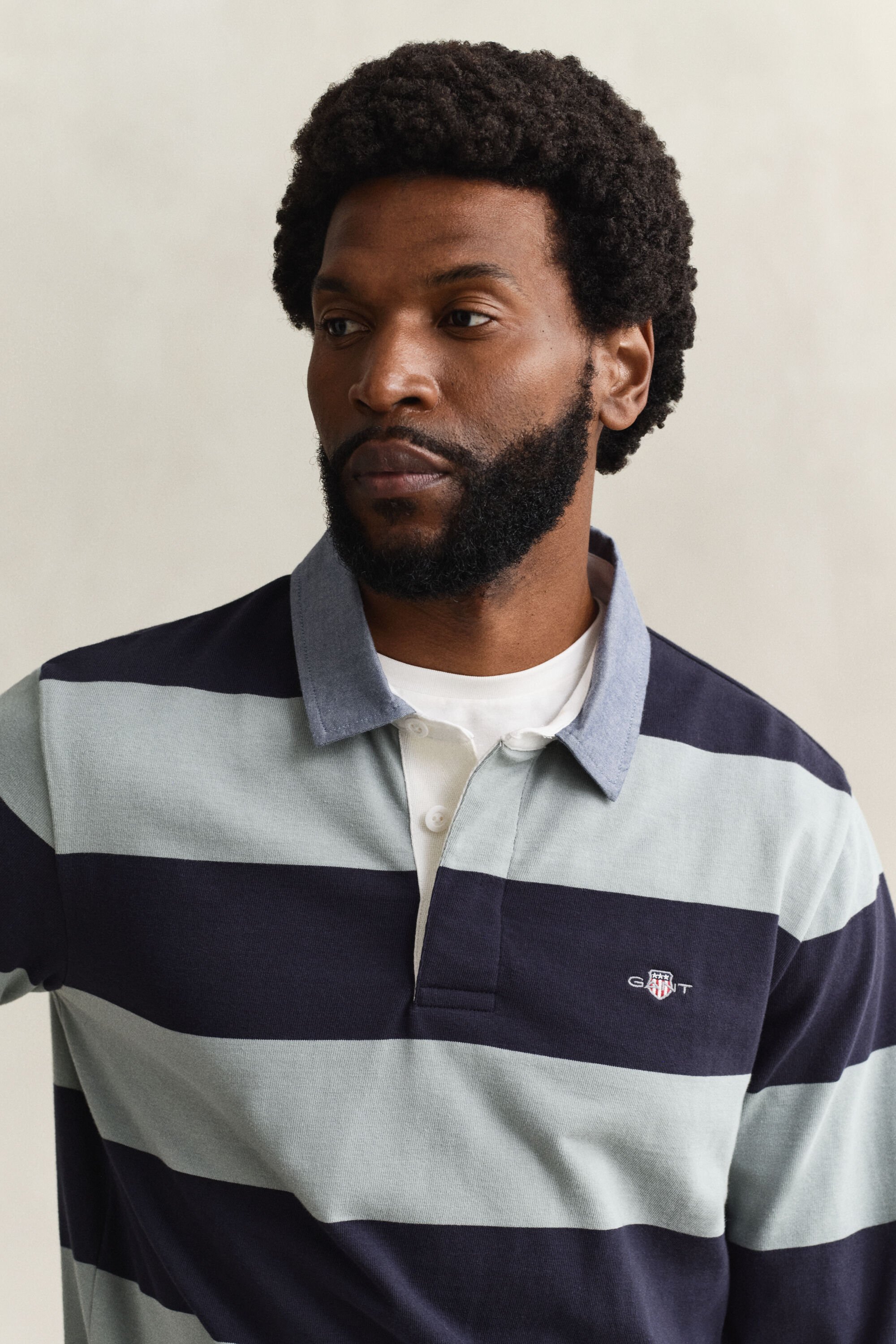 Gestreepte Heavy Rugger met chambray kraag