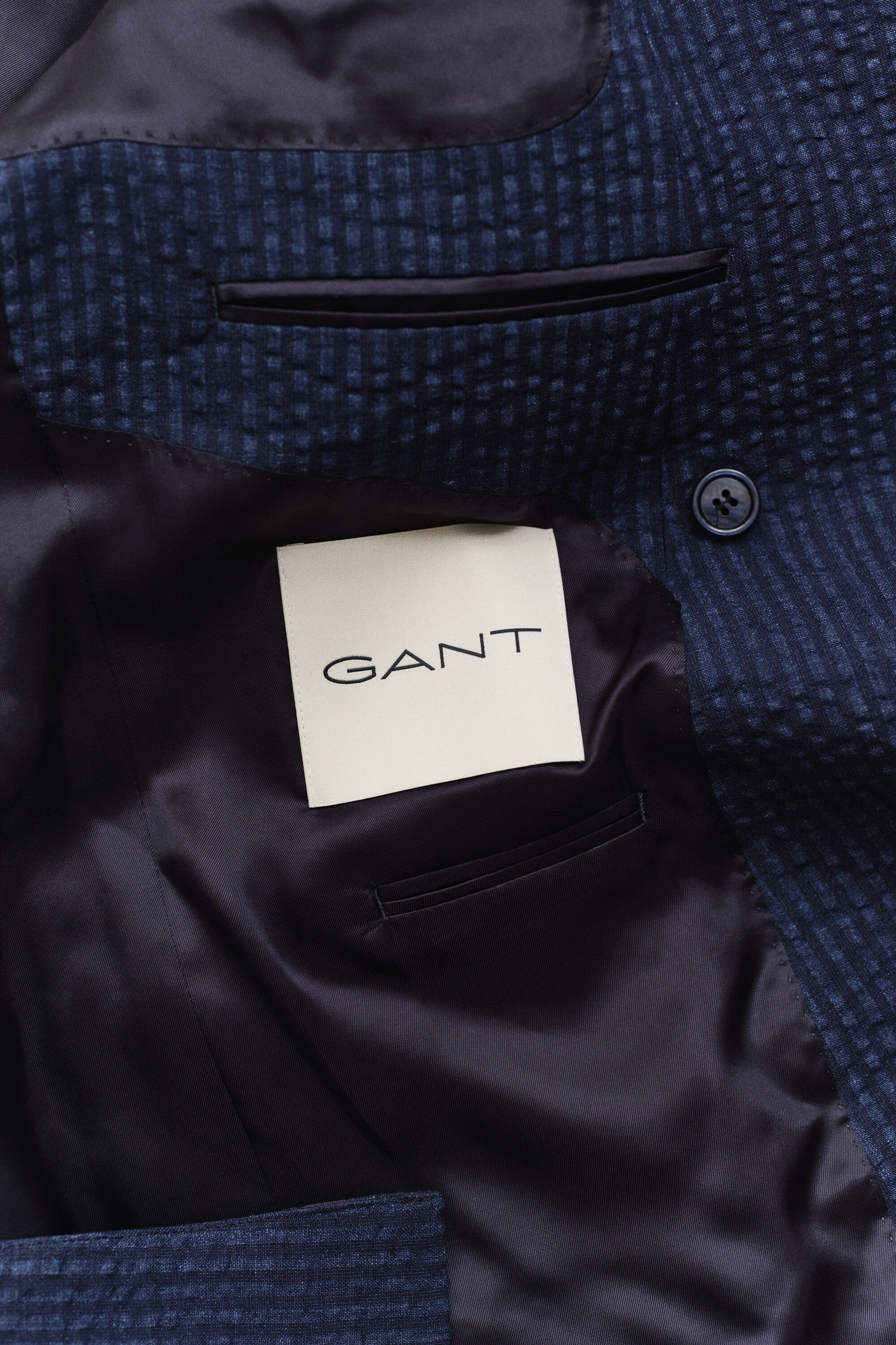 Indigoblauw seersucker kostuumjasje