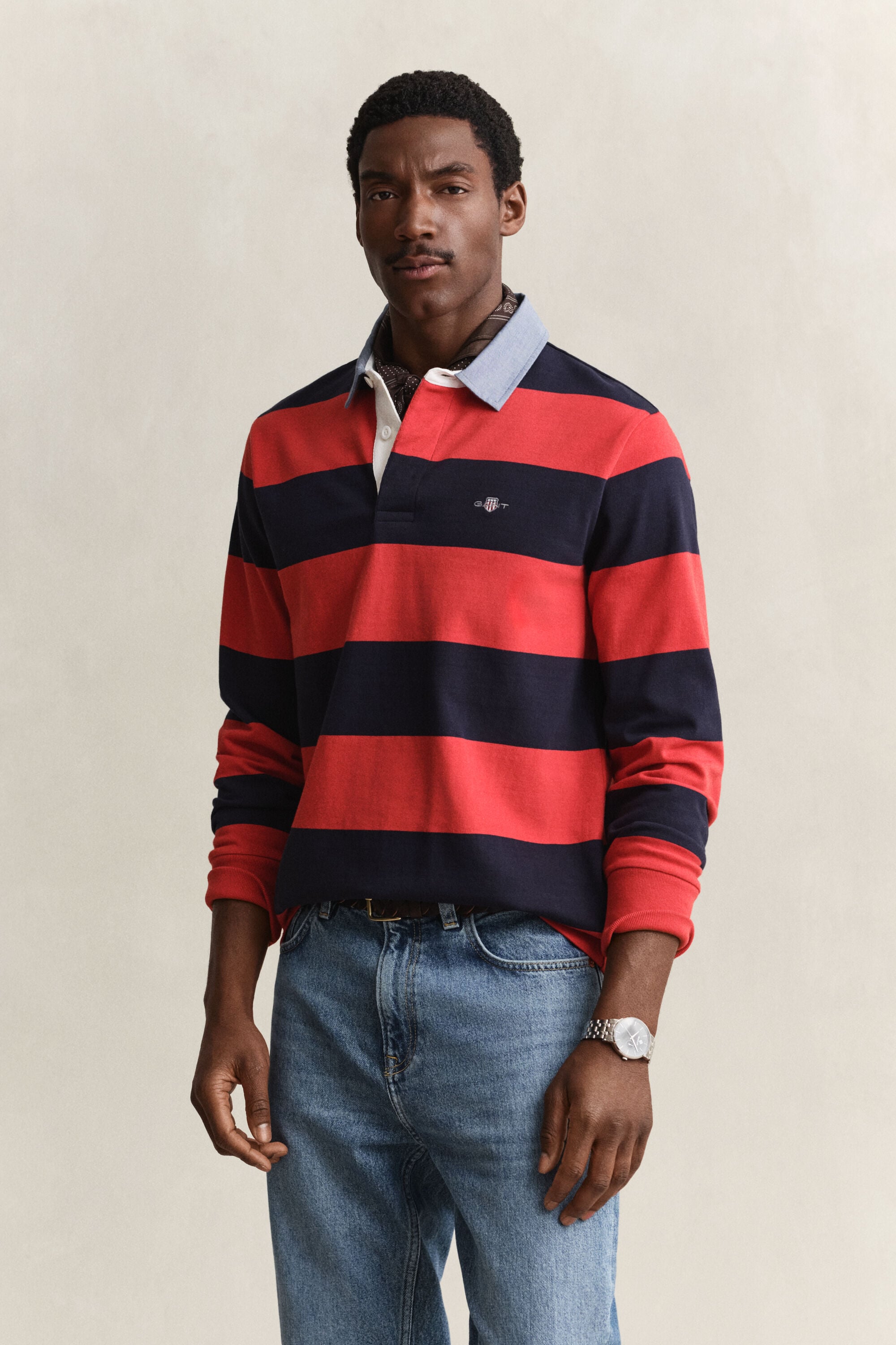 Gestreepte Heavy Rugger met chambray kraag