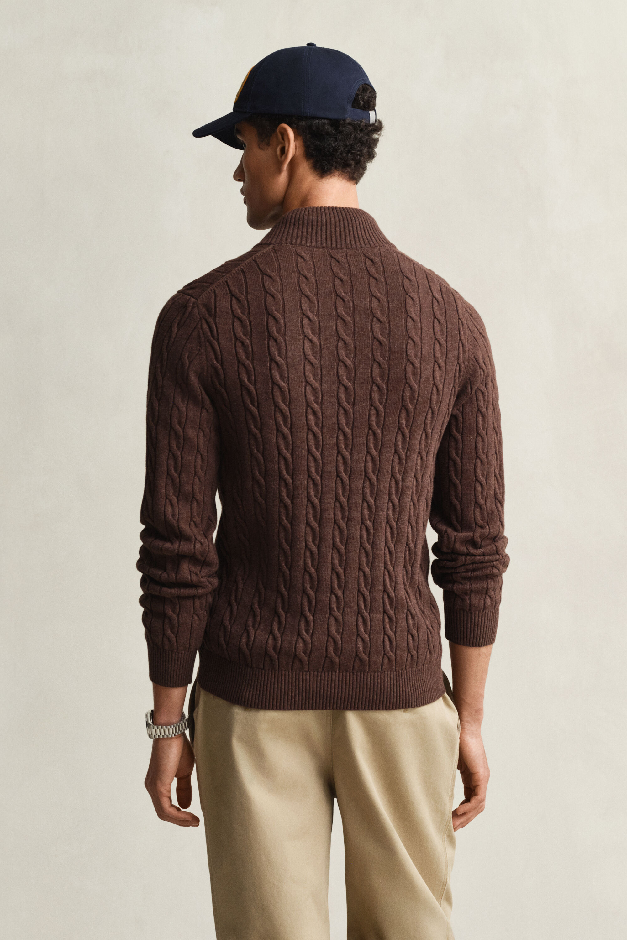 Kabelgebreide trui met korte rit van katoen