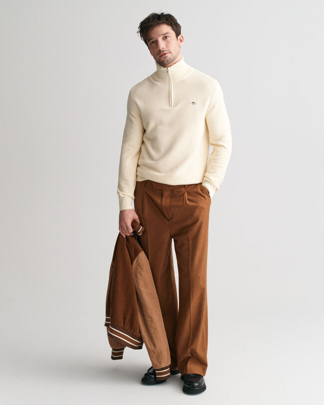 Katoenen trui met korte rits en microtextuur