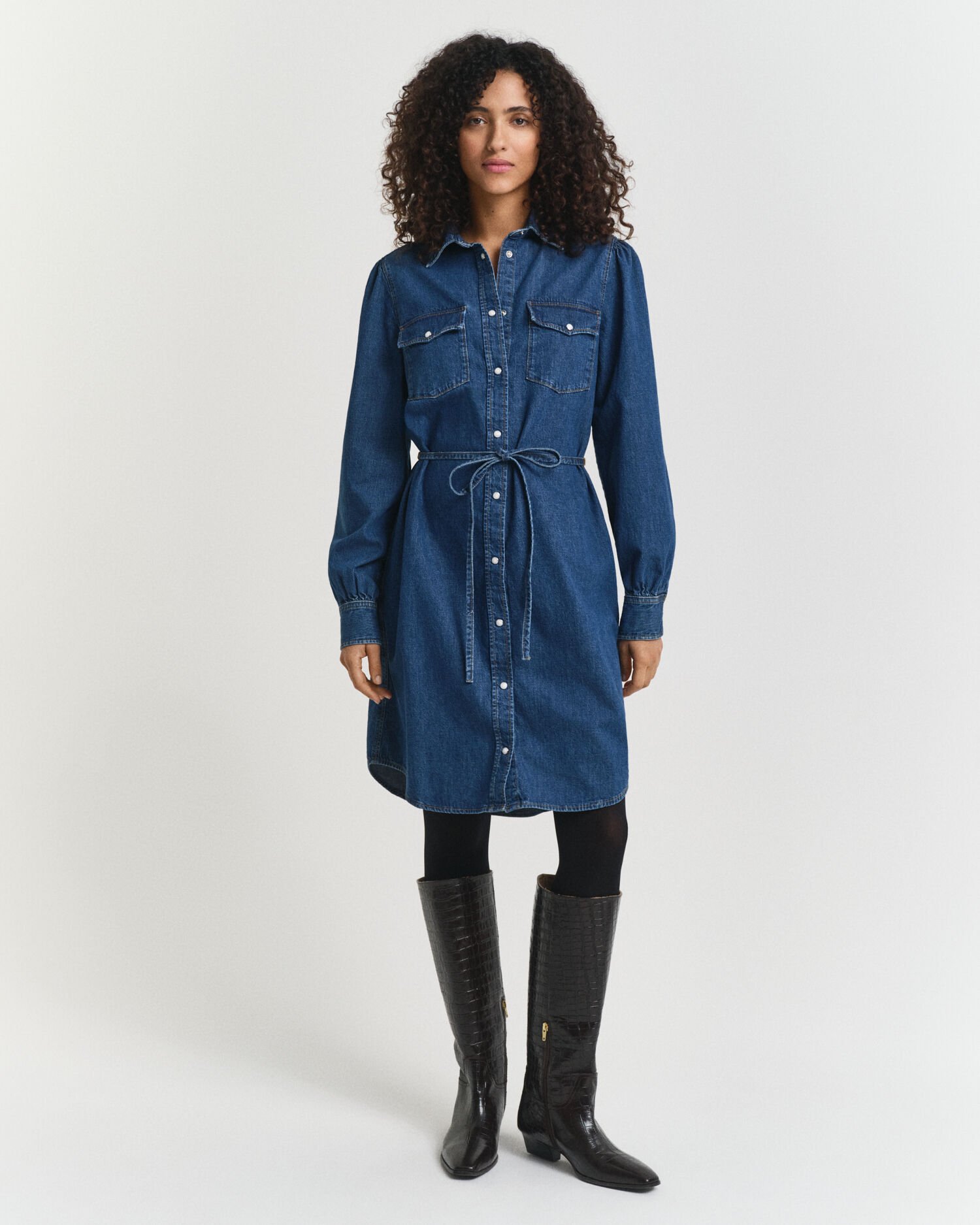 Denim jurk met pofmouwen