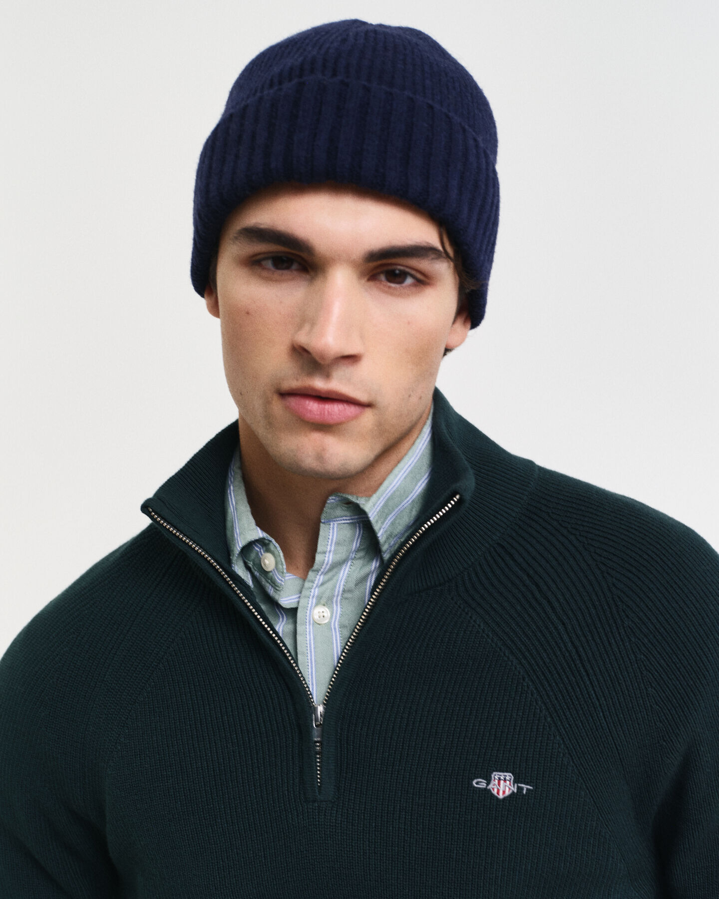 Trui met korte rits van geribde katoen-wolmix