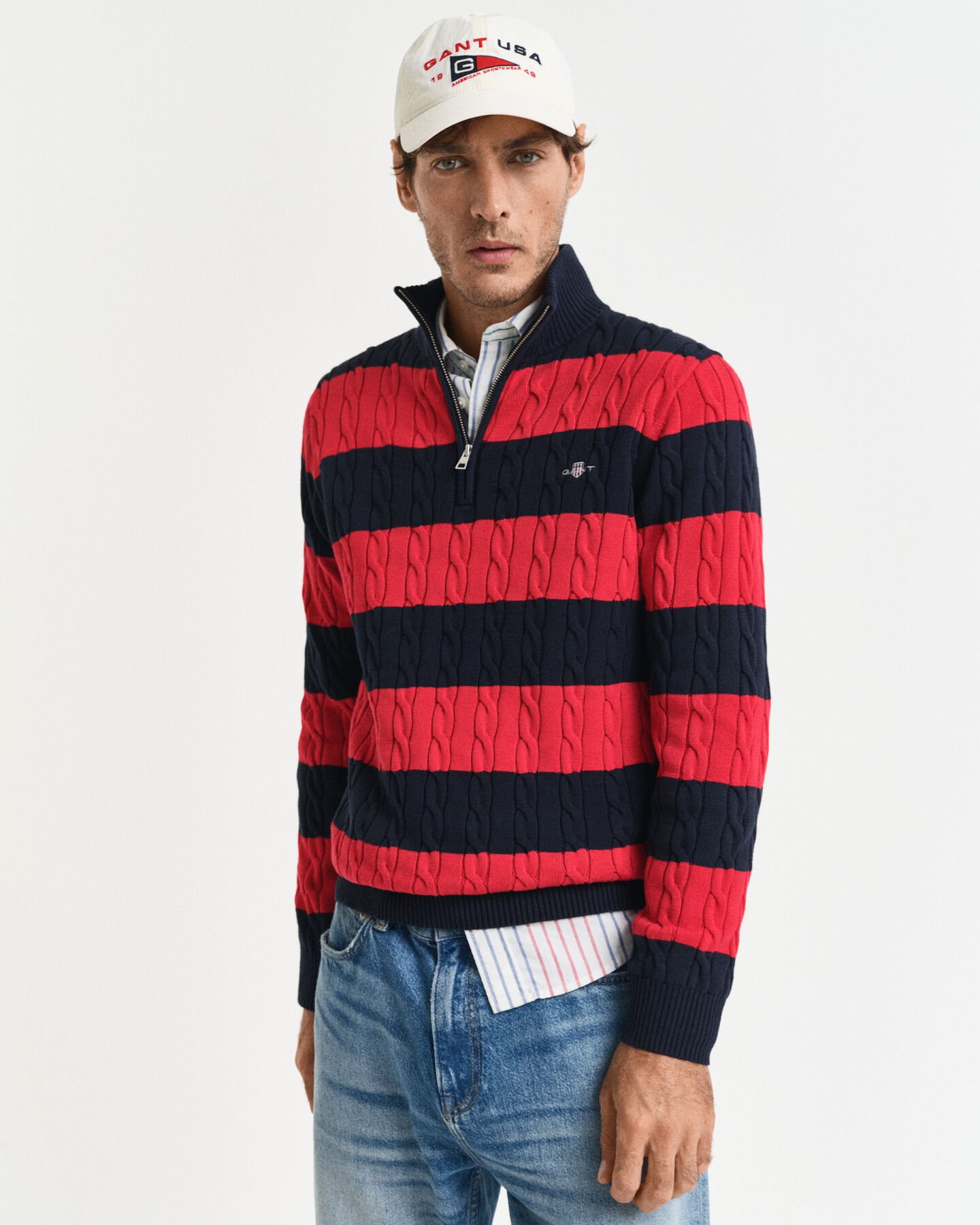 Kabelgebreide trui van katoen met korte rits en strepen