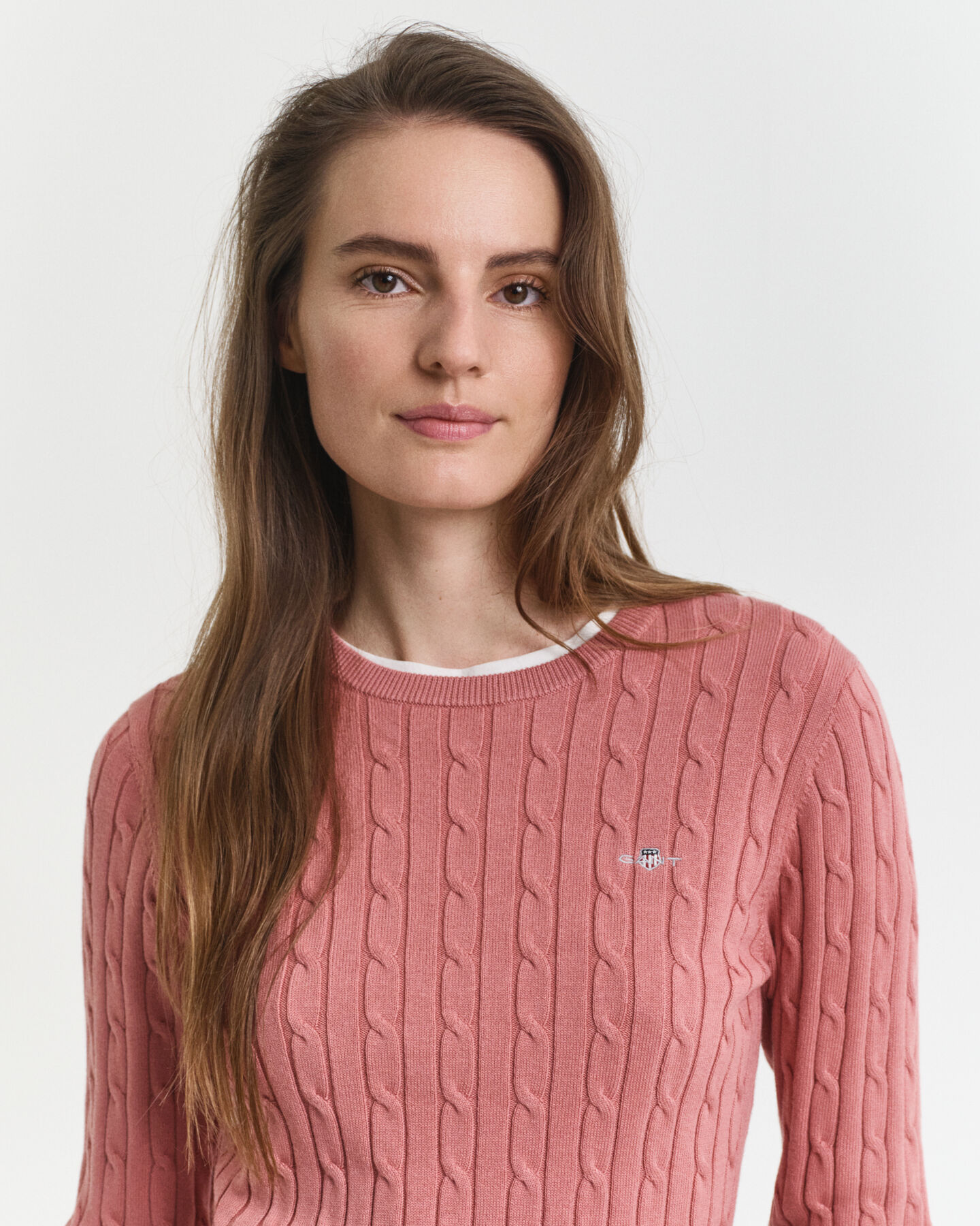 Gebreide kabeltrui met ronde hals van stretchkatoen