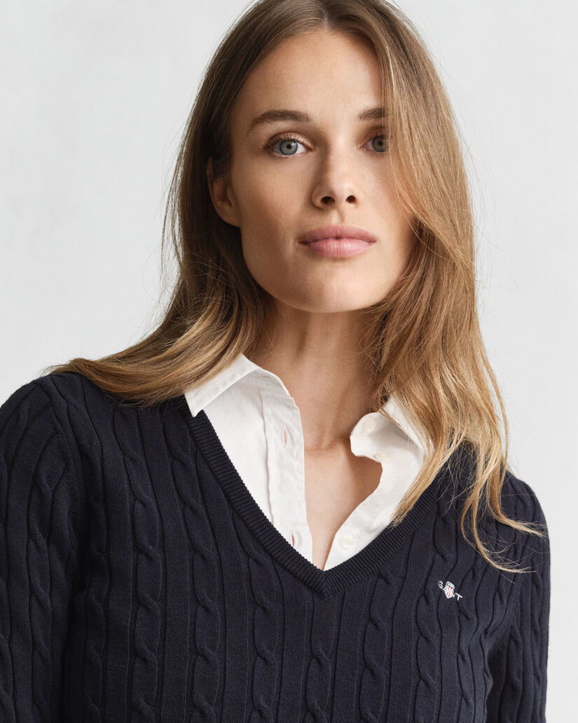 Gebreide kabeltrui met V-hals van stretchkatoen