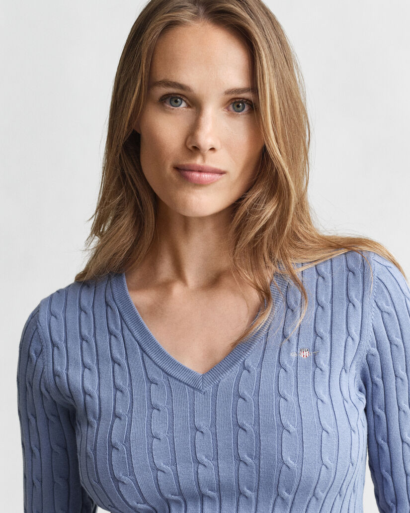 Gebreide kabeltrui met V-hals van stretchkatoen