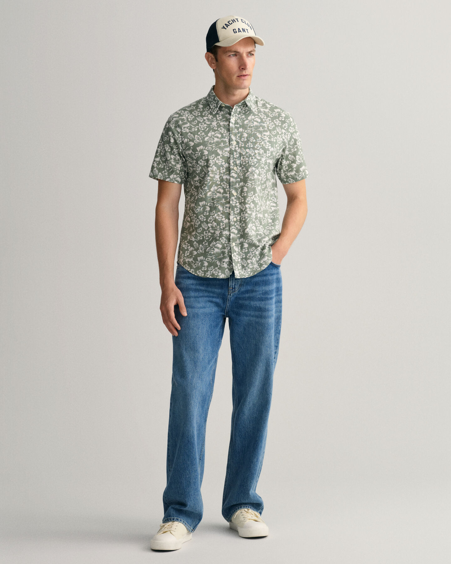 Regular Fit overhemd met bloemenprint, korte mouwen van katoen en linnen