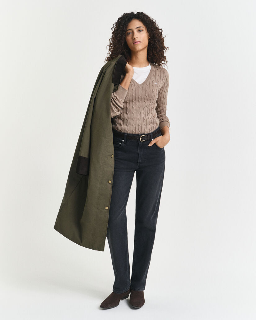 Gebreide kabeltrui met V-hals van stretchkatoen