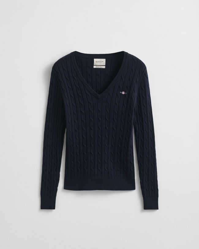 Gebreide kabeltrui met V-hals van stretchkatoen