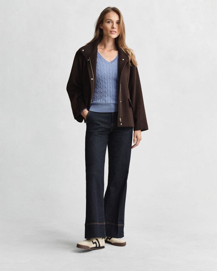 Gebreide kabeltrui met V-hals van stretchkatoen