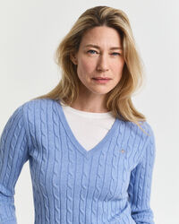 Gebreide kabeltrui met V-hals van stretchkatoen