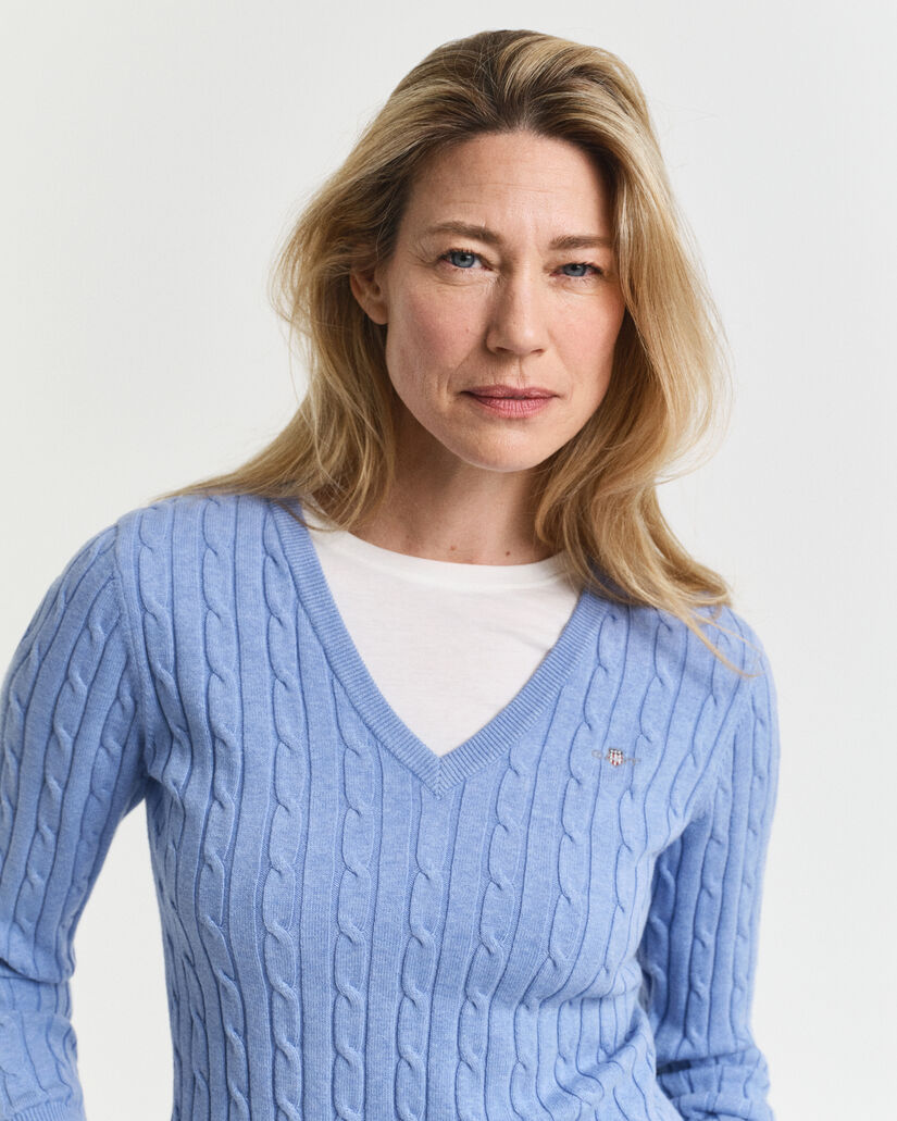 Gebreide kabeltrui met V-hals van stretchkatoen