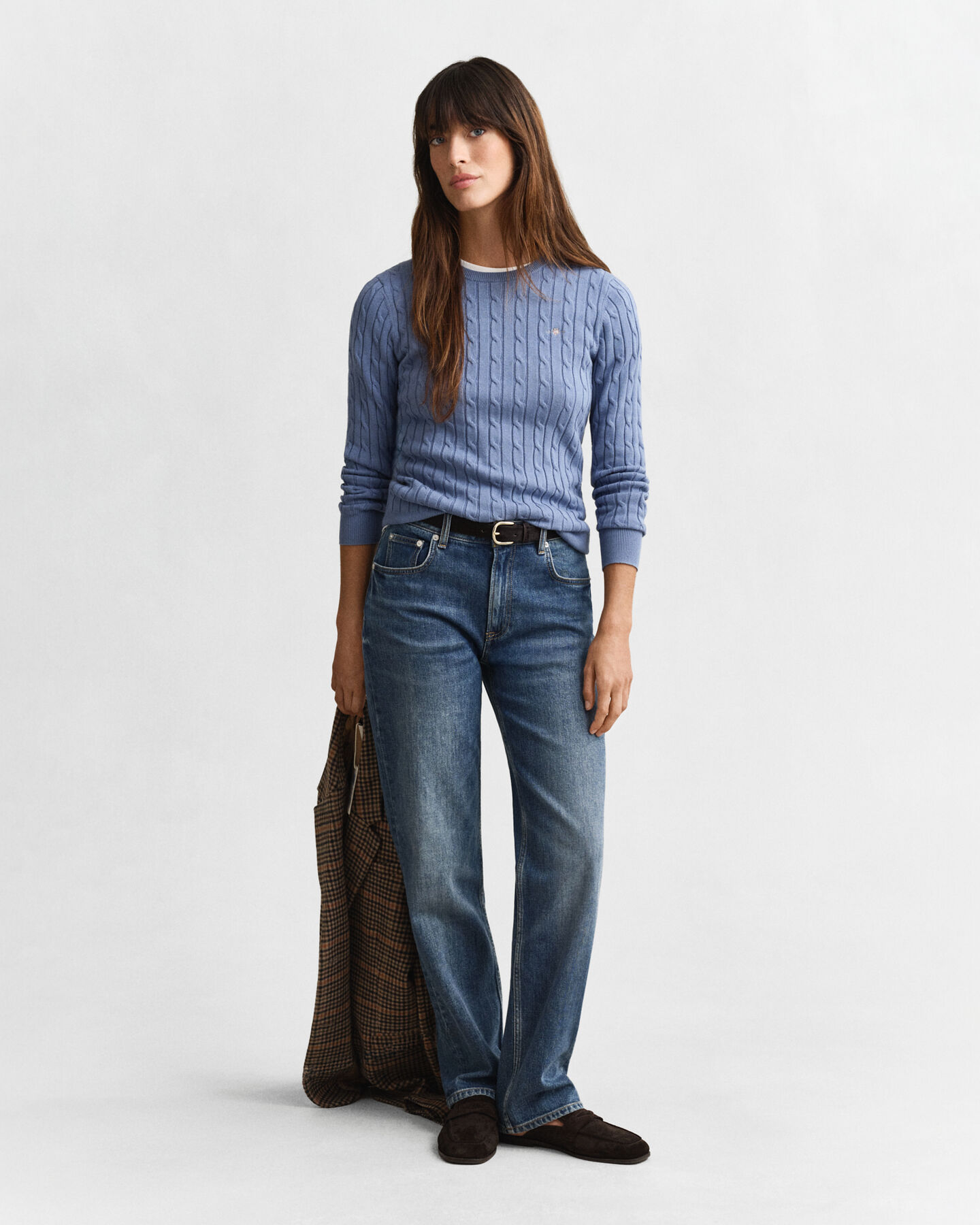 Gebreide kabeltrui met ronde hals van stretchkatoen