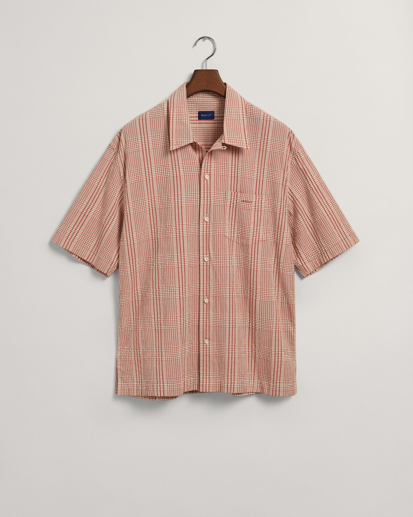 Regular Fit Seersucker overhemd met korte mouwen en ruitjes