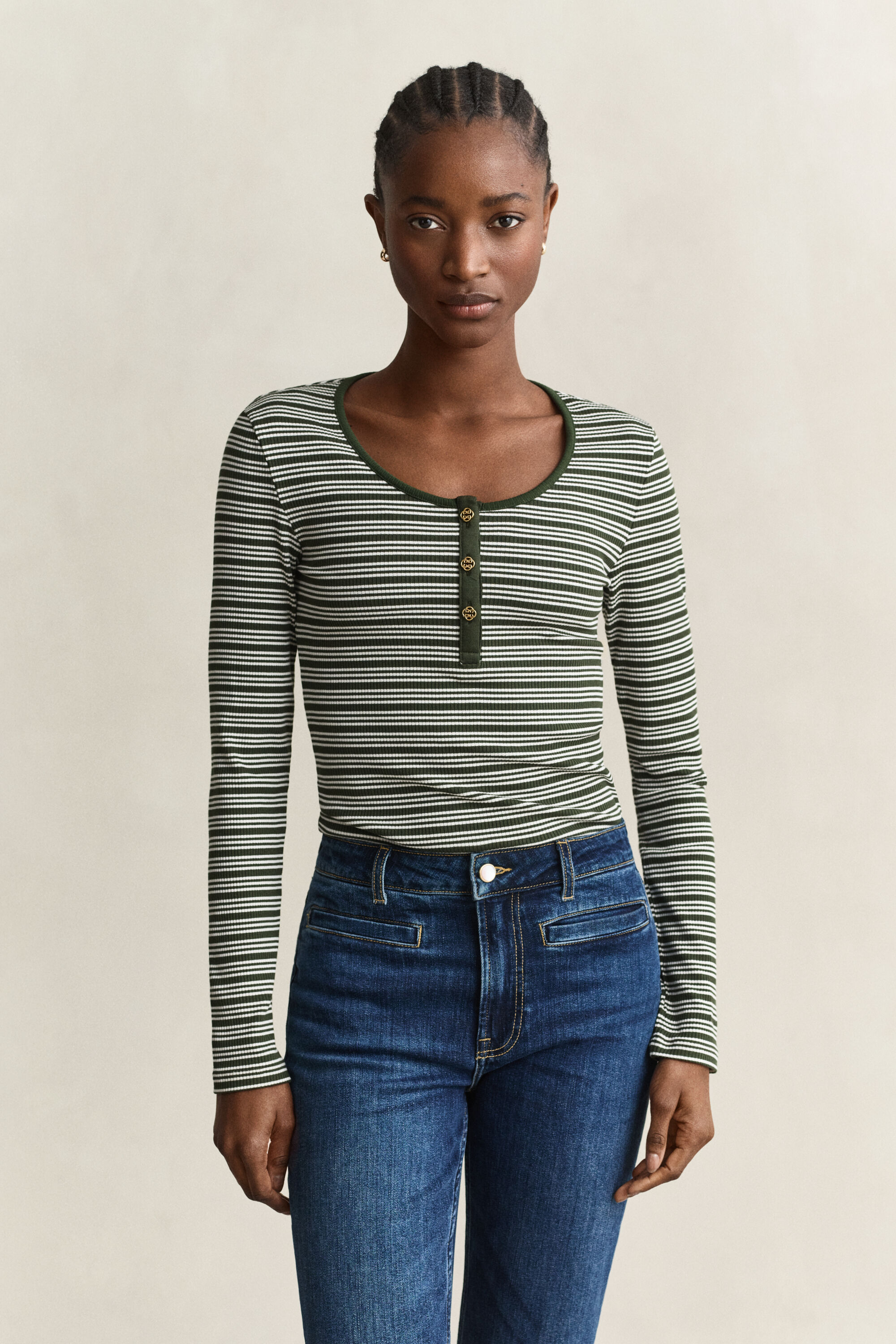 Geribde Henley-top met lange mouwen