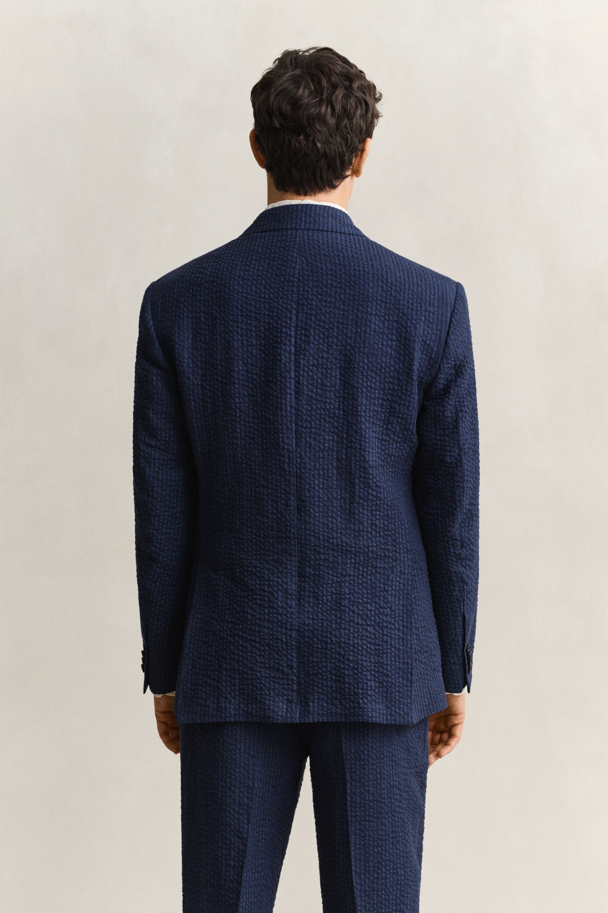 Indigoblauw seersucker kostuumjasje
