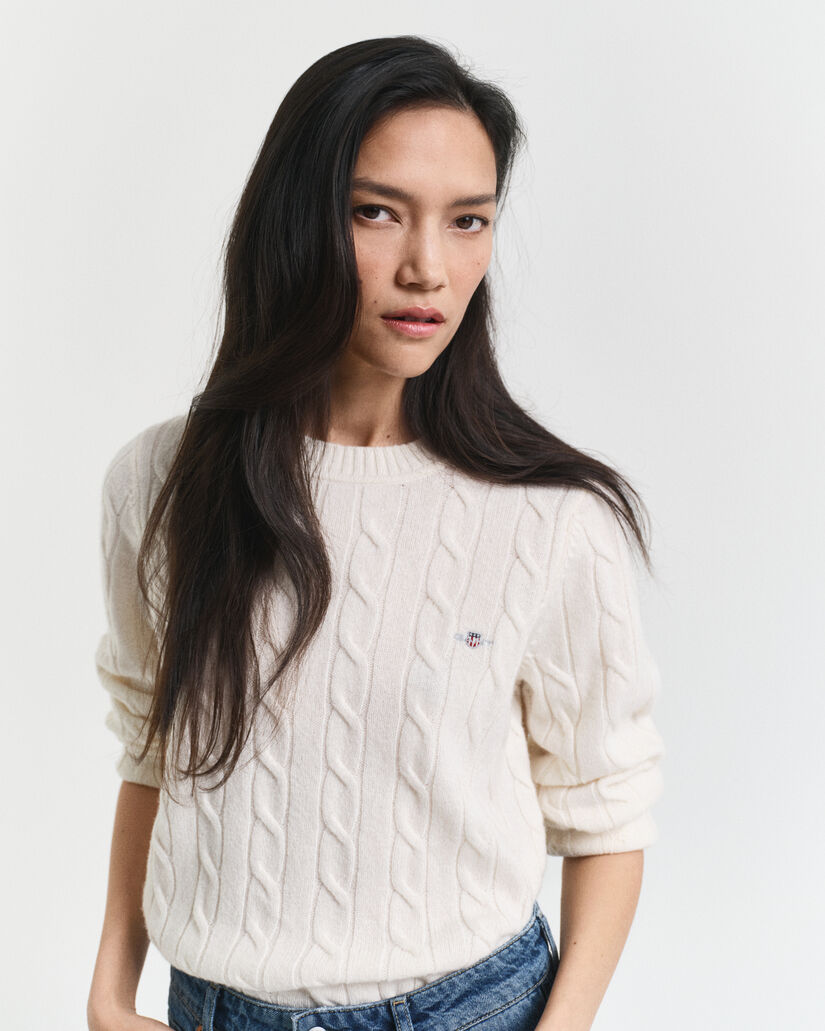 Lamswollen kabeltrui met ronde hals