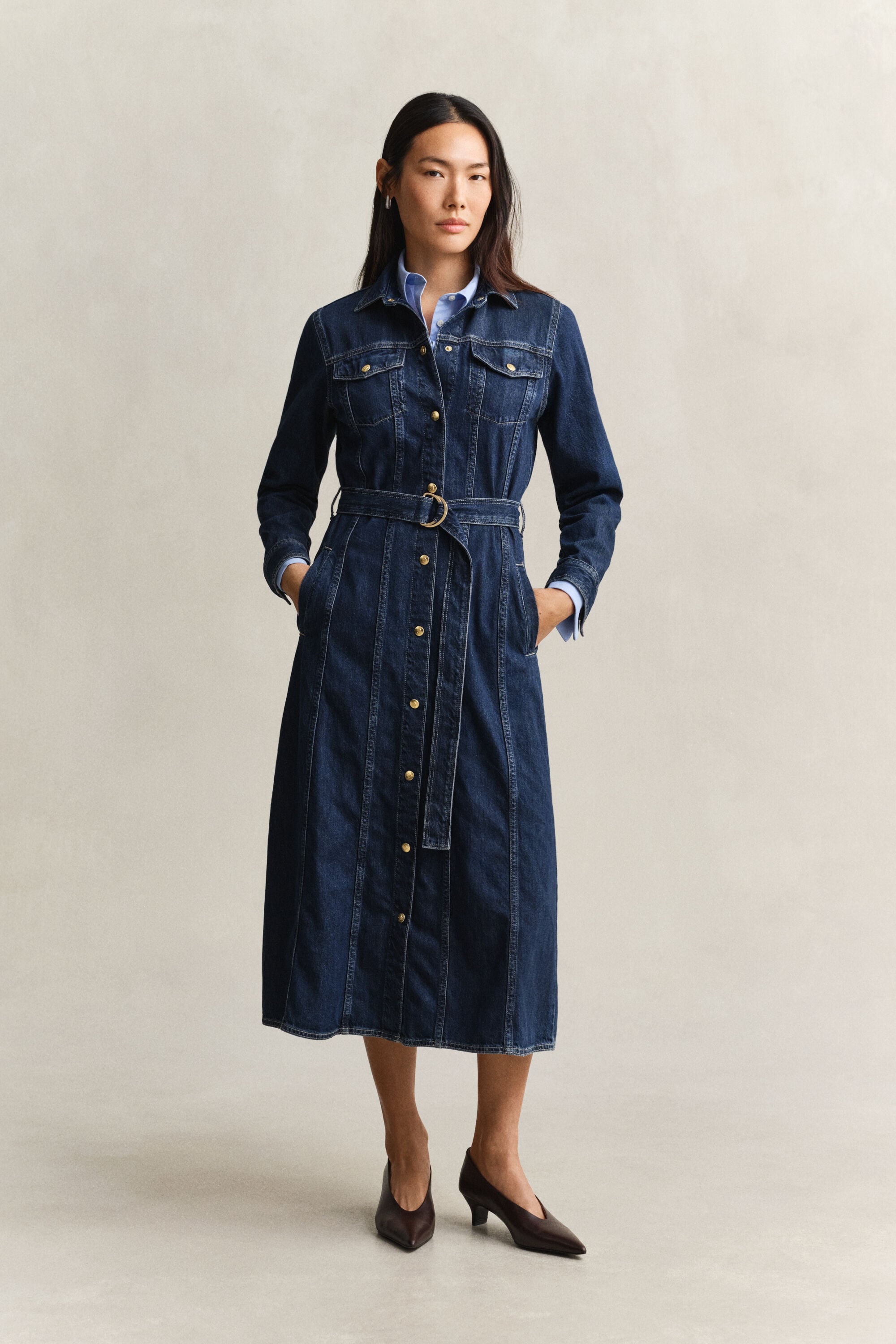Denim midi-jurk met ceintuur