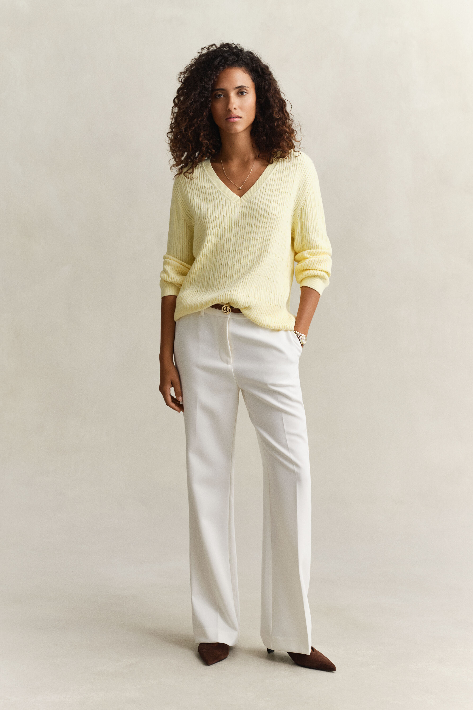 Kabelgebreide trui met V-hals