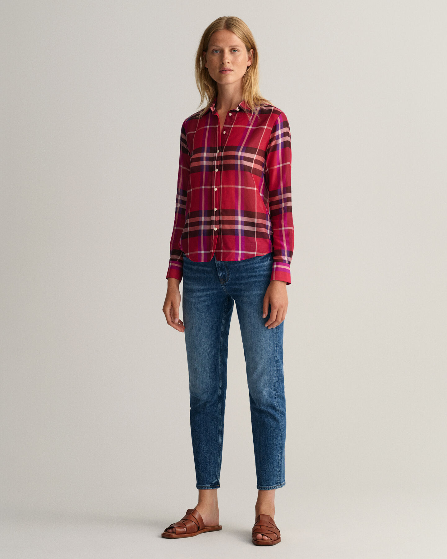 Regular Fit geruit overhemd van katoen en zijde