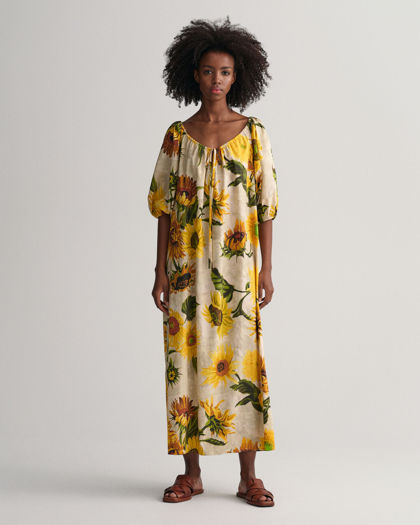 Jurk met Sunflower-print en geplooide details