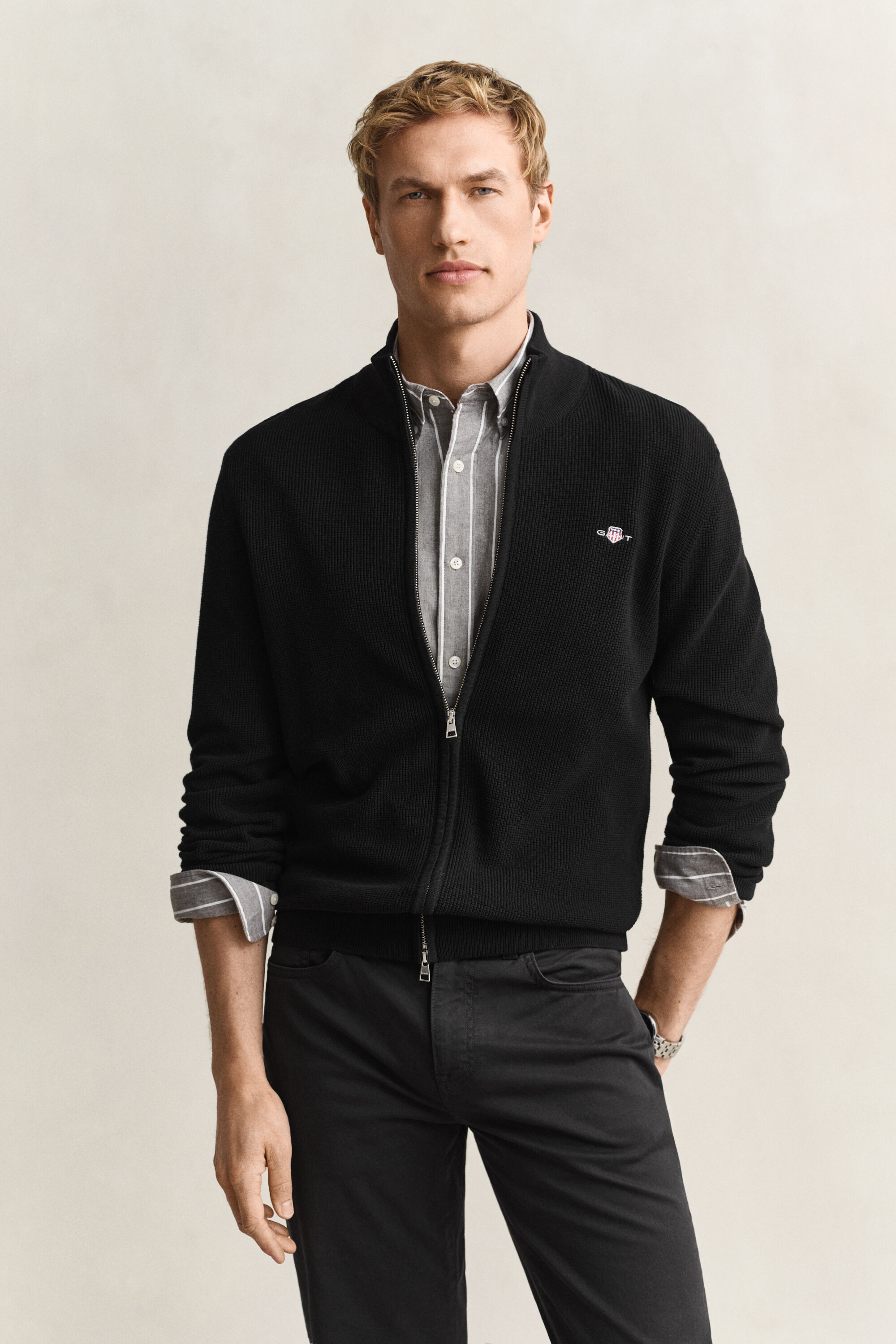 Katoenen vest met ritssluiting en textuur